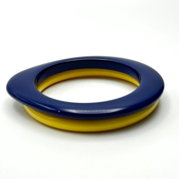 1970s Vintage Blue Oblong & Yellow Lucite Bangle Duo— Sized 7 3/4 & X 8— EUC - Picture 1 of 15
